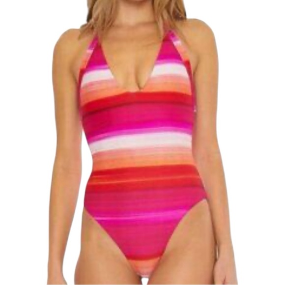 TRINA TURK orange pink solstice V front halter style one piece swimsuit NWT - Picture 1 of 10